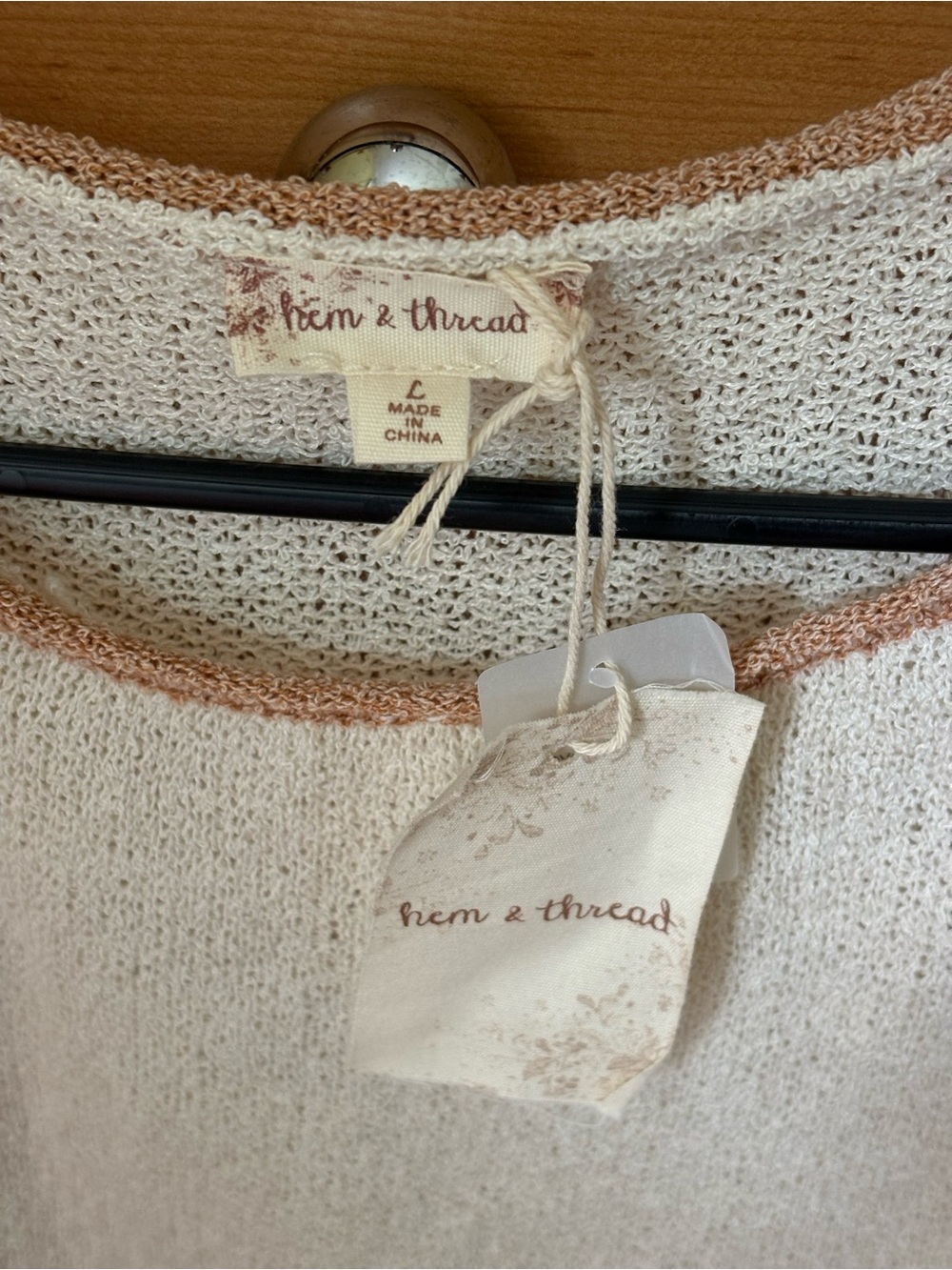 Hem & Thread Cream Crewneck Sweater with Tan Contrast Trim NWT - Picture 3 of 4